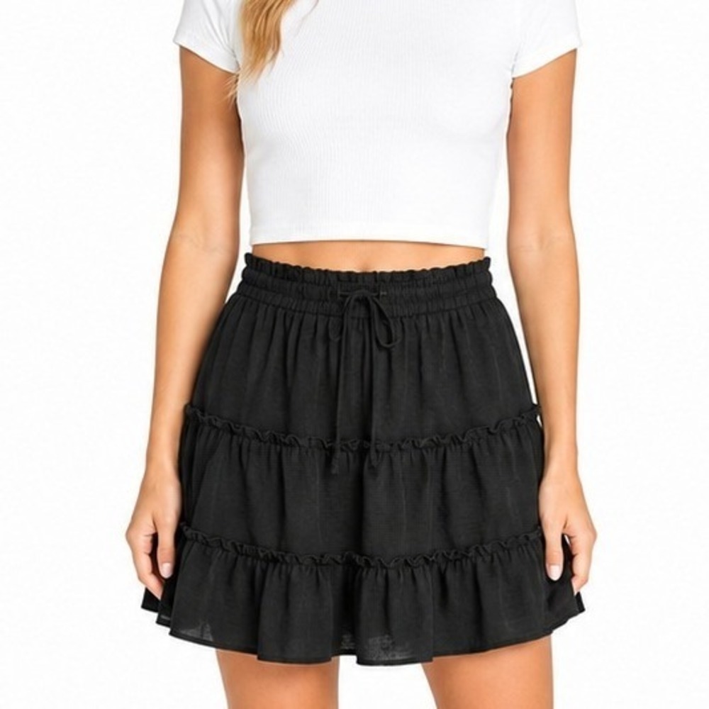 JWD Tiered Mini Skirt Women Size Medium Black Ruffle Smocked Waist New